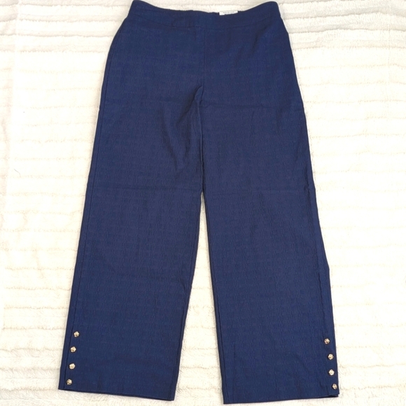 JM Collections Blue Rayon Blend Dress Pants With Gold Roses - Picture 2 of 13